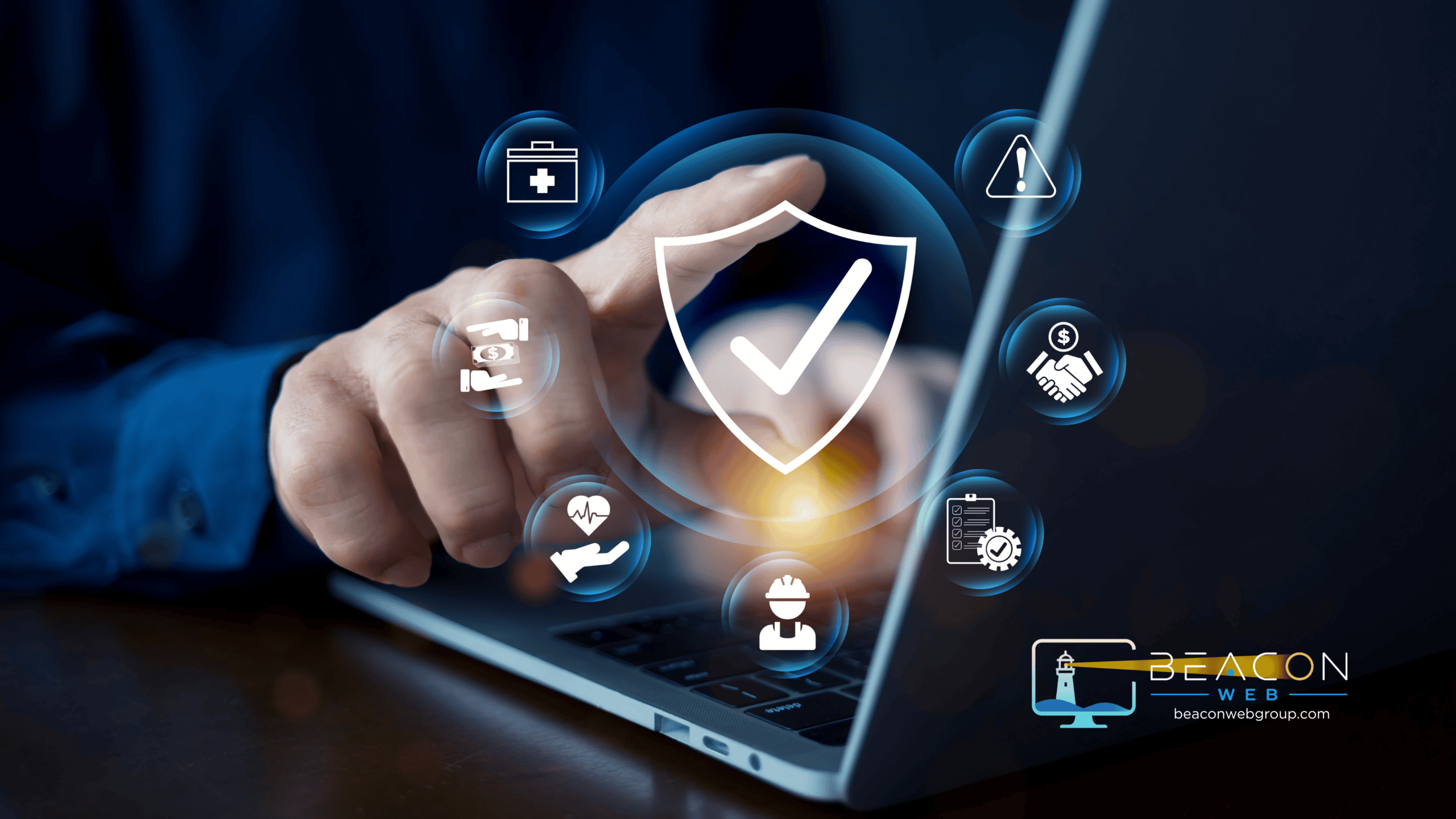 Cybersecurity graphic showing a laptop protected by a shield with a checkmark, surrounded by security and risk icons, with the Beacon Web logo.